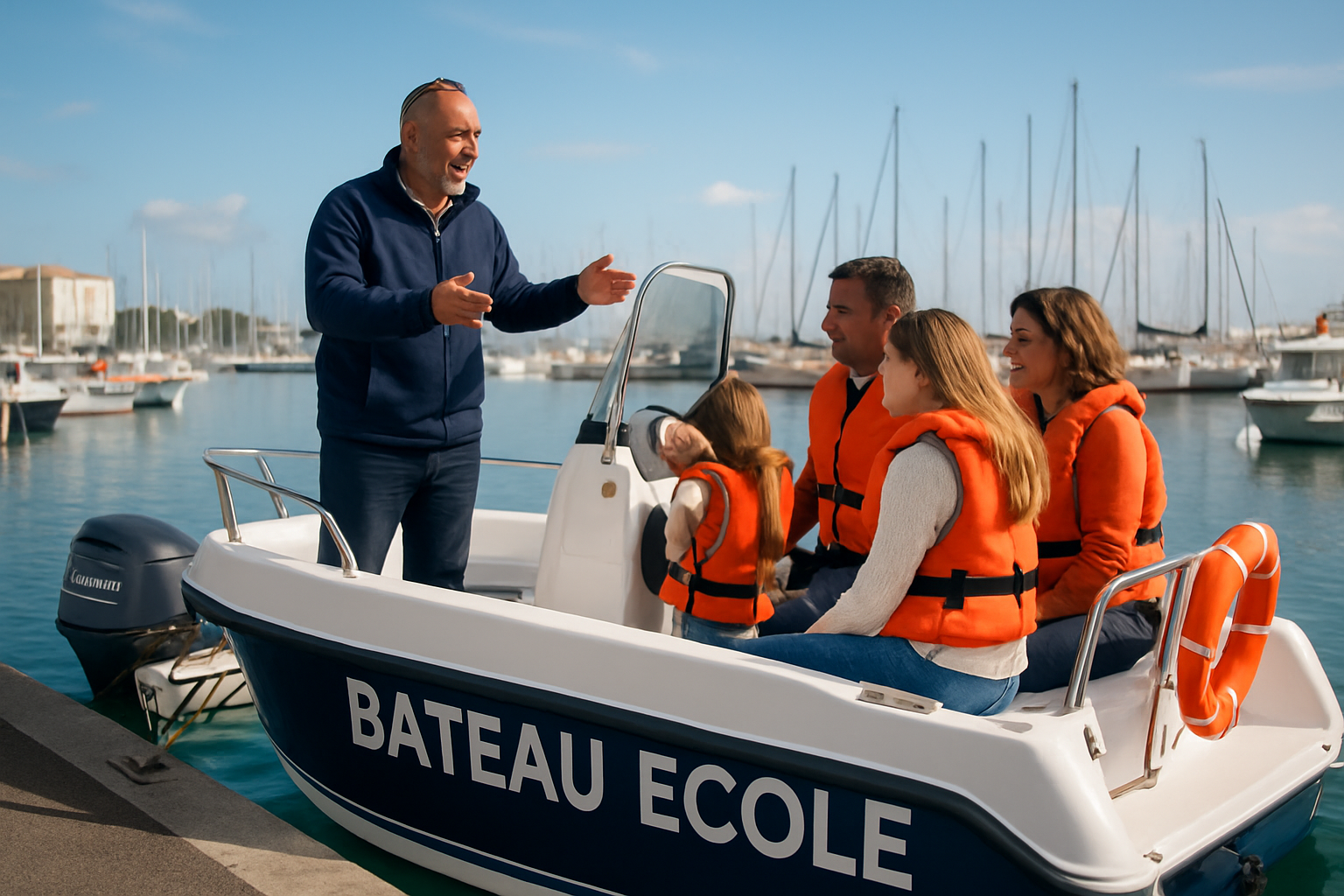 Groupe en formation permis bateau au Cap d’Agde avec formateur sur bateau-école
